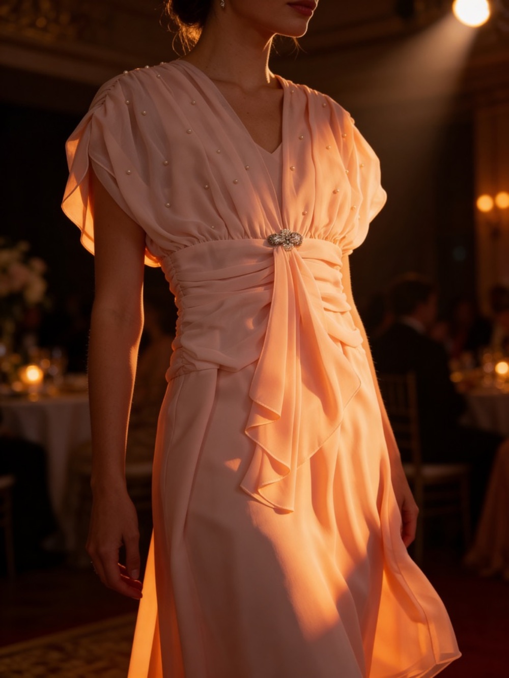 Vintage Blush Pink Chiffon Dress Pearl Beaded Ruched Waist Romantic